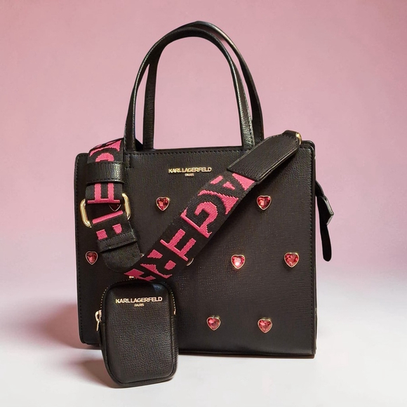 Karl Lagerfeld Handbags - Karl Lagerfeld Black With Pink Hearts HandBag With Crossbody and Pouchette